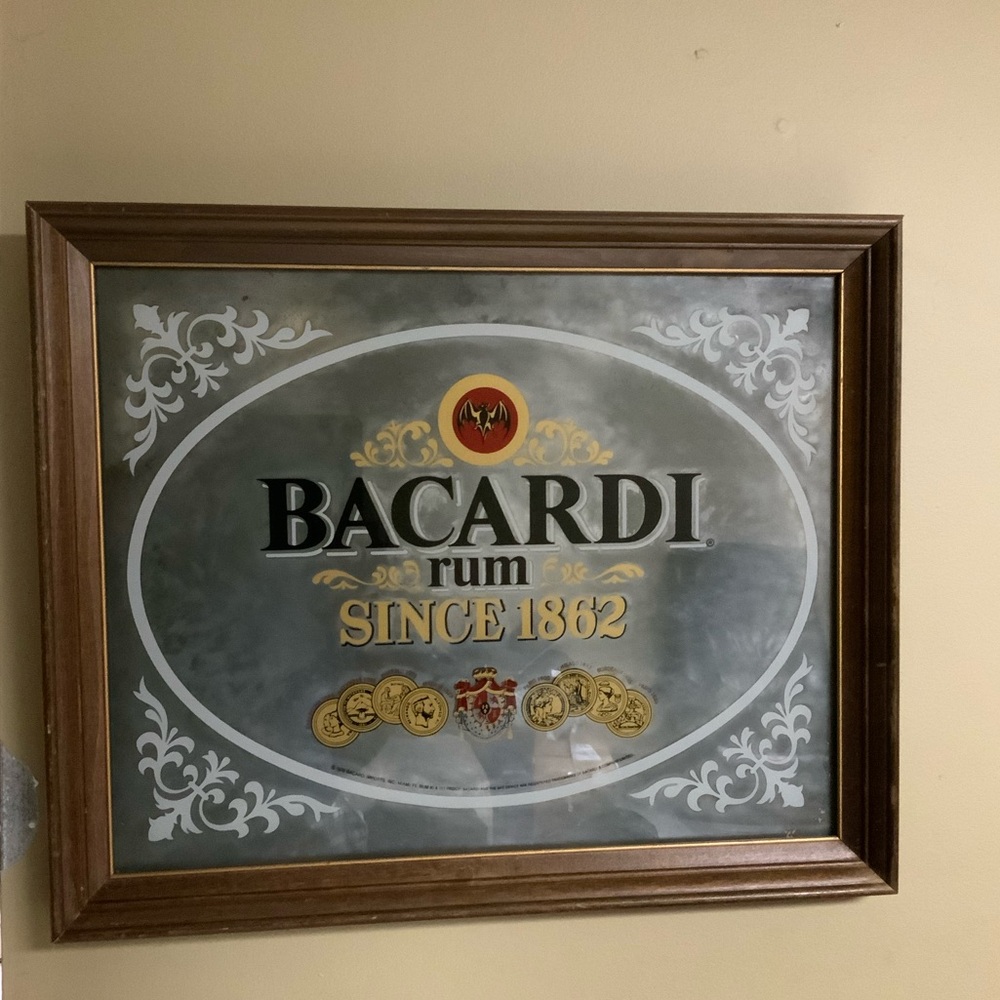 Vtg 70’S BACARDI rum bar mirror frame. Wood frame needs treatment. Man cave etc.